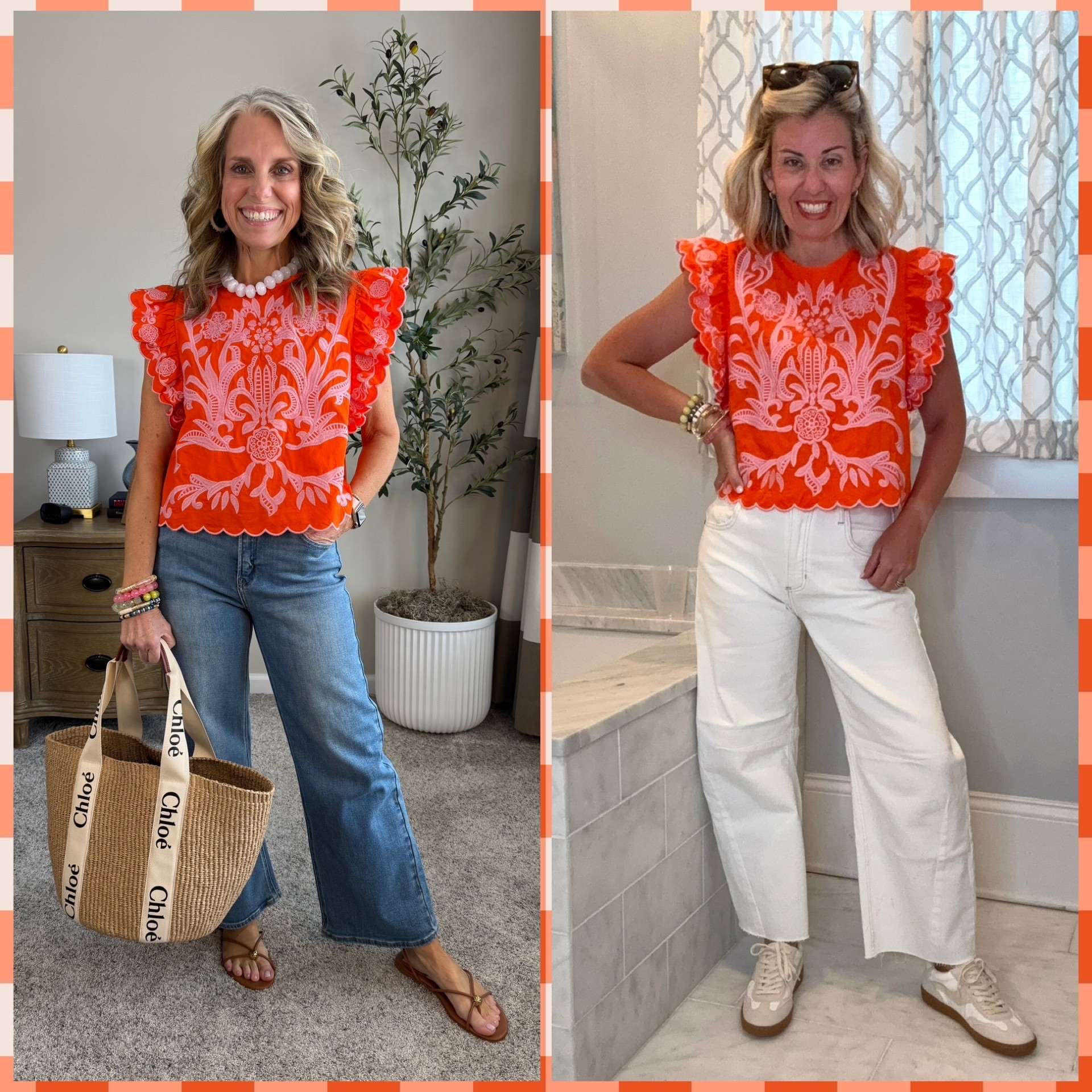 Twinning with @coasttocoast2! We are both wearing the gorgeous orange embroidered top from Natasha’s new collection with Avara! I am wearing a small top, 25 in jeans & 8 sneaker. 

#LTKgrwm #LTKdayinmylife #LTKootd 