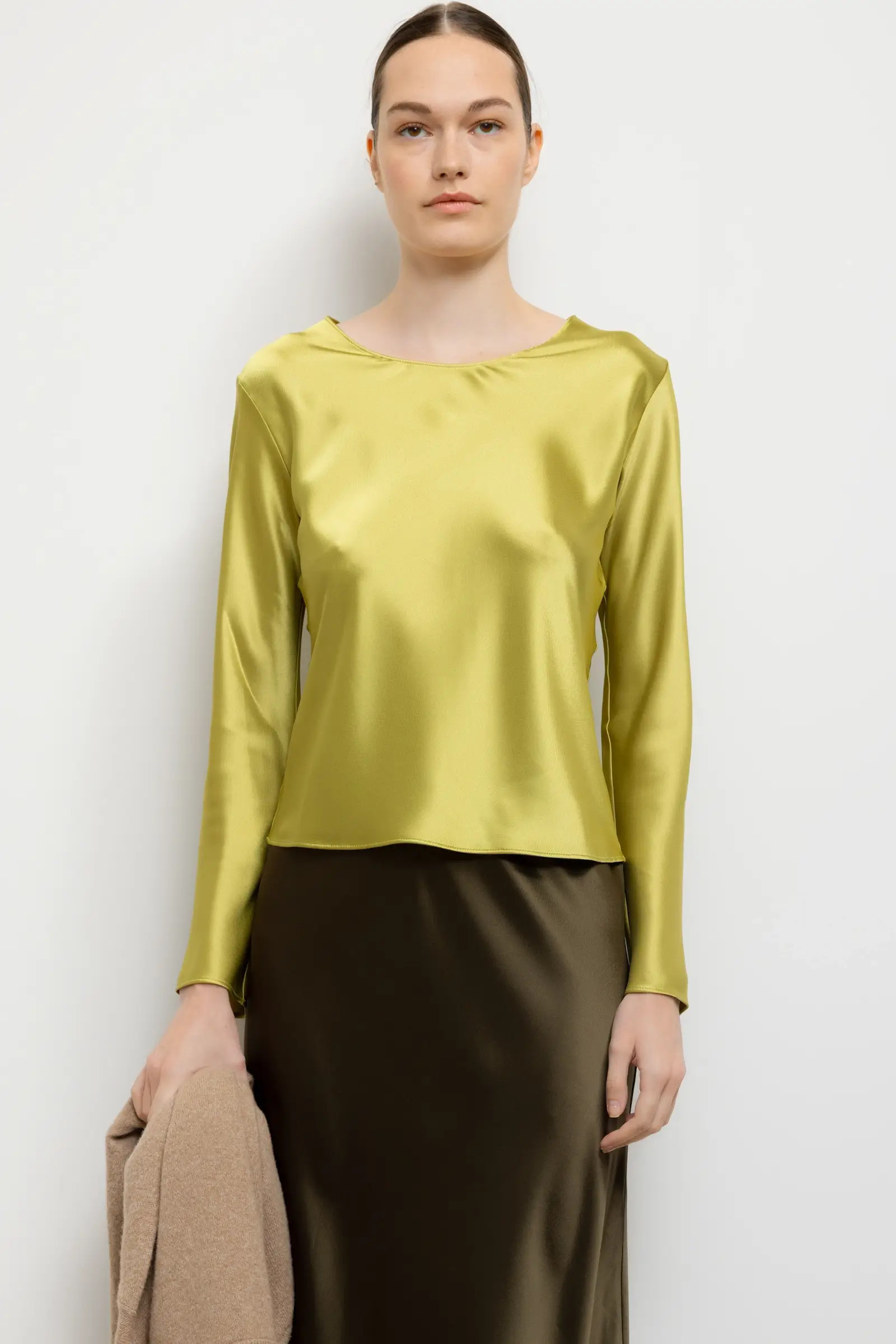 LESET Barb Long Sleeve Crew in Chartreuse in Satin | LESET