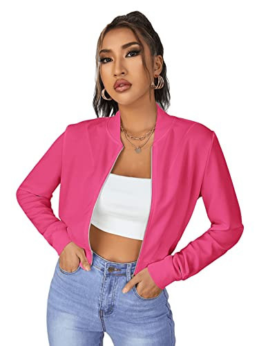 SweatyRocks Women's Casual Long Sleeve Solid Zip Up Coat Crop Bomber Jacket Solid Hot Pink L | Amazon (US)