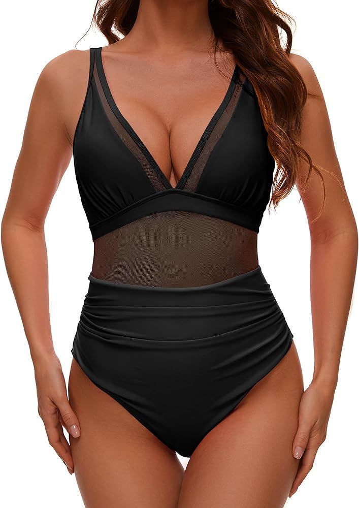 Mesh One Piece Swimsuit for Women Sexy Tummy Control 2024 Push Up High Waisted Bathing Suit | Amazon (US)