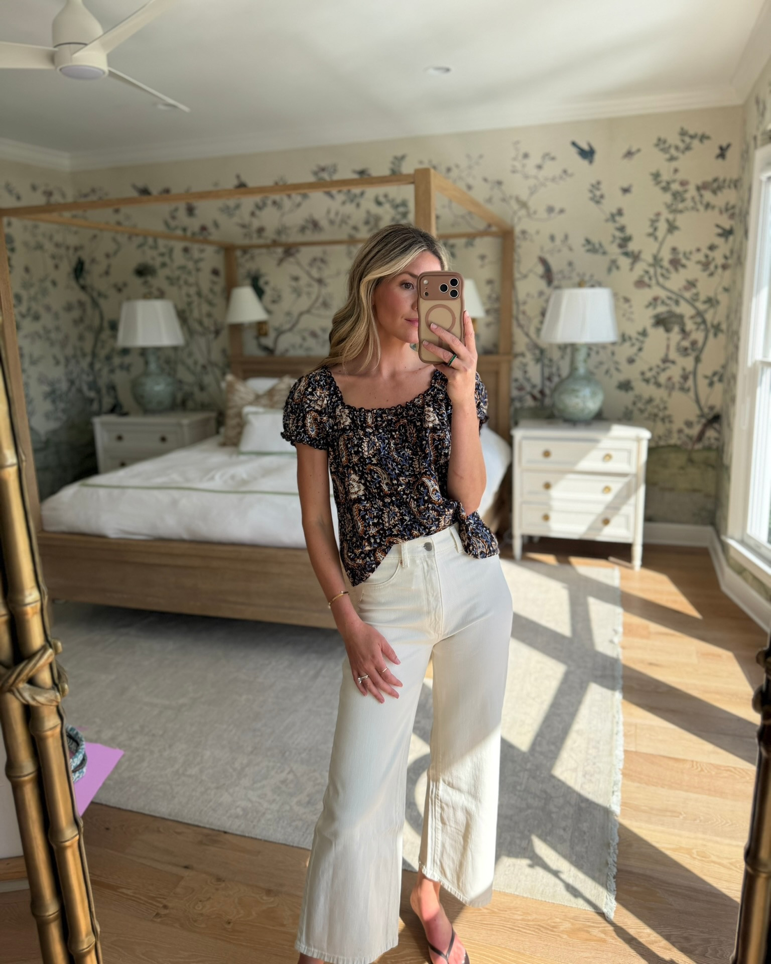 this under $100 top is such a good summer-to-fall transition piece! the darker paisley print feels perfect for the season ahead, but the short sleeves + lightweight shape still work while it’s warm.

i love it with ecru denim now, then i’d pair it with blue jeans, chocolate trousers, or a midi skirt as we get further into fall. such an easy top for dinners, weekends, or everyday plans.

#LTKSeasonal #LTKootd