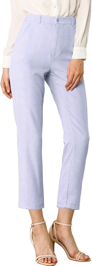 Allegra K Women's Plaid High Waist Elastic Back Office Work Ankle Pants | Amazon (US)