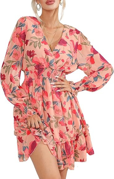 Prettywear Women's Floral Boho V Neck Long Sleeve Mini A-Line Dresses 2023 Summer Fall Casual Flo... | Amazon (UK)