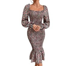 PRETTYGARDEN Women's Long Puff Sleeve Floral Midi Bodycon Dresses Square Neck Ruffle Mermaid Smoc... | Amazon (US)