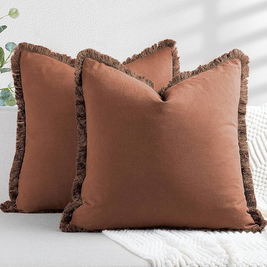 ZWJD Pillow Covers 24x24 Set of 2 Rust Throw Pillow Covers with Fringe Chic Cotton Decorative Pil... | Amazon (US)