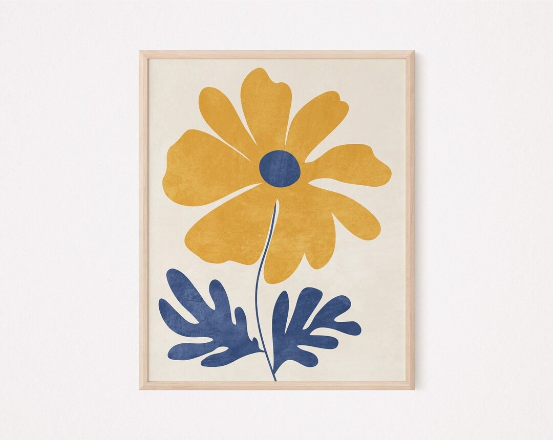 Trendy wall art print, Abstract floral, Mustard yellow and blue wall art, Mid century modern wall... | Etsy (US)
