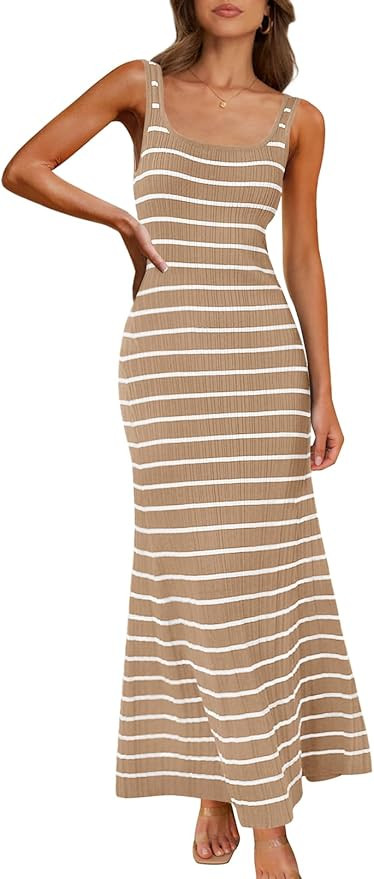 MEROKEETY Women's 2025 Sleeveless Summer Tank Dress Striped Bodycon Maxi Dress Square Neck Ribbed... | Amazon (US)