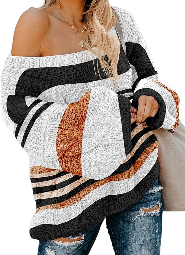Astylish Women Sexy Long Sleeve Off Shoulder Loose Cable Knit Pullover Sweater | Amazon (US)