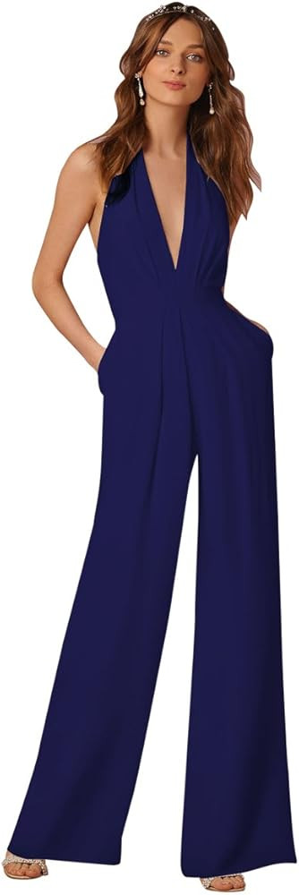 IBTOM CASTLE Women's Sexy High Waisted Jumpsuits V-NeckHalter Wide Leg Long Pants Wedding Rompers... | Amazon (US)