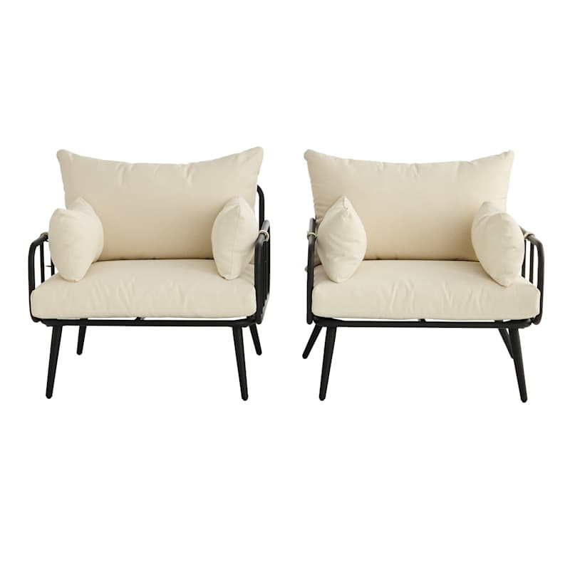 Set of 2 Harbor Oversized Patio Chairs, Black Metal with Natural Canvas Cushions | At Home