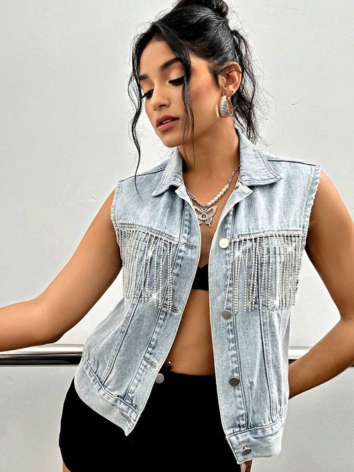 Vacation Rhinestone Fringe Trim Denim Vest Jacket | SHEIN