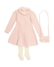 Girls Faux Fur Collar Sweater Dress With Purse & Tights | TJ Maxx
