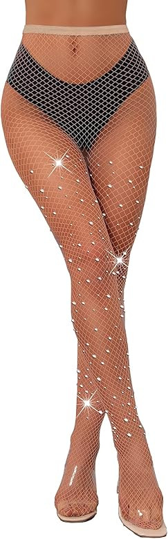 Sexy High Waist Tights Sparkle Rhinestone Fishnets Party Rhinestone Mesh Stockings | Amazon (US)