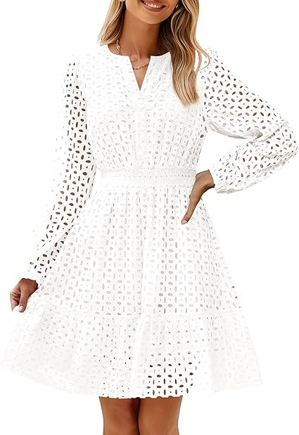 ZESICA Women's 2025 Long Sleeve Mini Dress Spring V Neck Hollow Out Eyelet Embroidery Ruffle A Li... | Amazon (US)