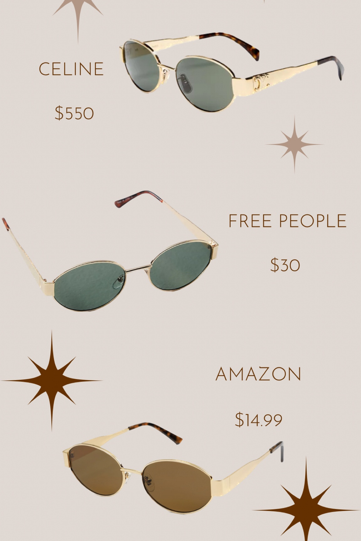 Sunglasses at different price points | Free People | Celine | Celine sunglasses dupe | trendy sunglasses | Amazon style | amazon fashion | lookalike | less than half the price | great find | trendy | boho | designer inspired | metal sunglasses 

#LTKfindsunder50 #LTKGiftGuide