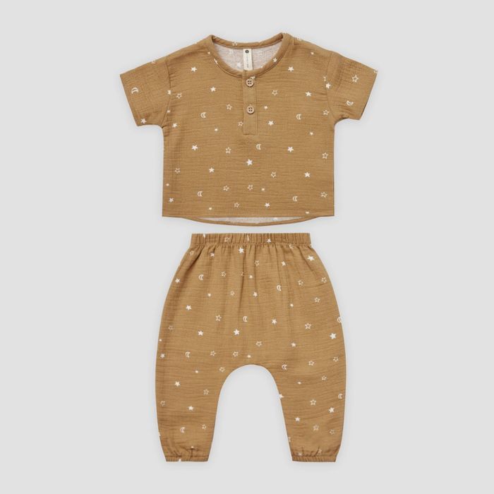 Q by Quincy Mae Baby 2pc Moon & Stars Gauze Short Sleeve Top & Bottom Set - Honey Yellow | Target