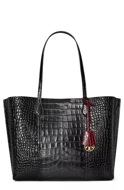 Tory Burch, Bags, Tory Burch Perry Embossed Black Leather Tote Bag