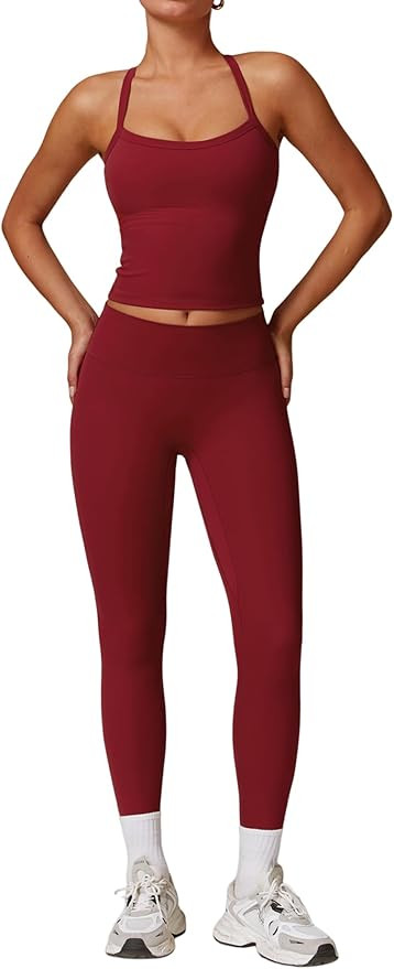 Womens Workout Sets Two Piece Cross Back Tank Top Matching High Waist Leggings Sets Gym Outfits W... | Amazon (US)