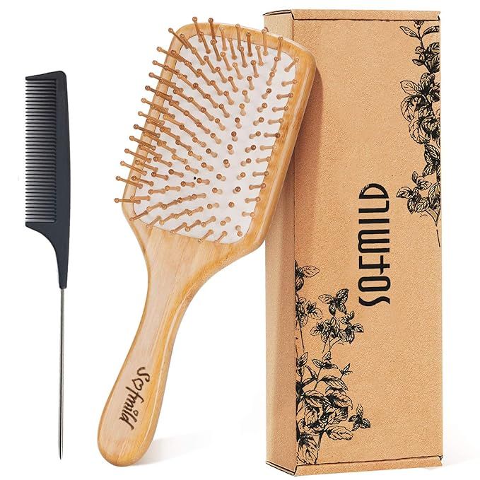 Hair Brush-Natural Wooden Bamboo Brush and Detangle Tail Comb Instead of Brush Cleaner Tool, Eco ... | Amazon (US)