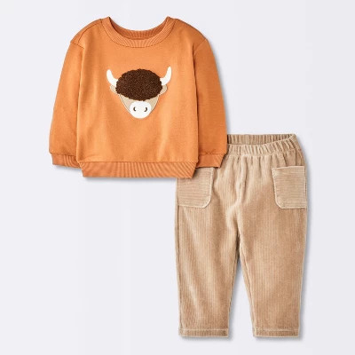 Baby Boys' Highland cow Sweatshirt and Pants Set - Cloud Island™ Orange 6-9M | Target