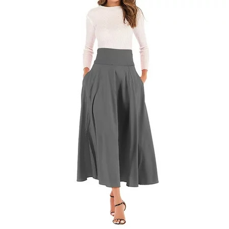 Women Casual Midi Skirt Vintage Button Elastic High Waisted Pleated A-Line Skirts with Pockets | Walmart (US)