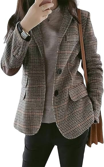 ebossy Womens Vintage Nothced Lapel Single Breasted Boyfriend Blazer Suits Houndstooth Plaid Jack... | Amazon (UK)
