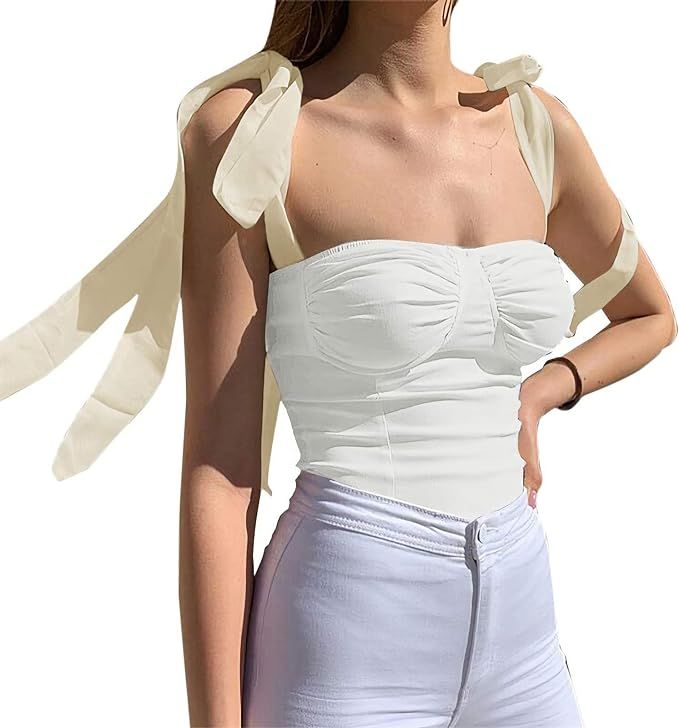 Velius Women's Sleeveless Camisole Tie Shoulder Mesh Strap Tank Crop Tops | Amazon (US)