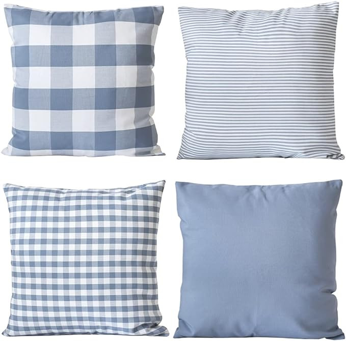 HOPLEE Light Blue Summer Pillow Covers 18x18 Cushion Cover with Buffalo Plaid, Solid Light Blue, ... | Amazon (CA)
