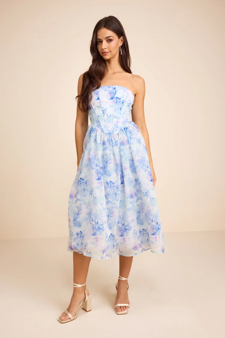Eulalia Light Blue Floral Lace-Up Strapless Bustier Midi Dress | Lulus