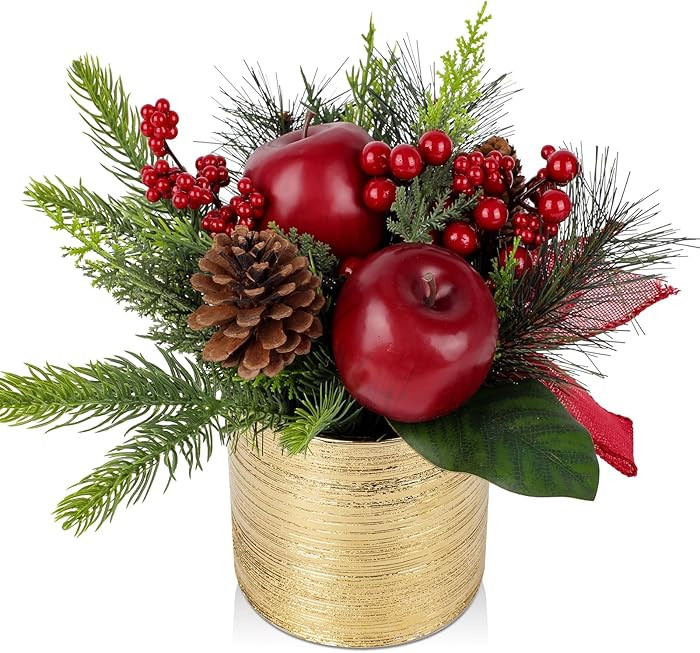 Mini Christmas Tree, Artificial Potted Christmas Tree with Apples Pine Cones Berries Ribbon Table... | Amazon (US)