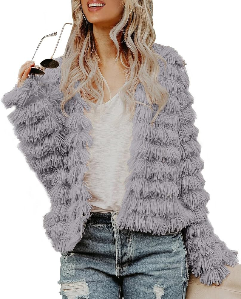 Womens Open Front Faux Fur Cardigan Vintage Parka Shaggy Jacket Coat | Amazon (US)
