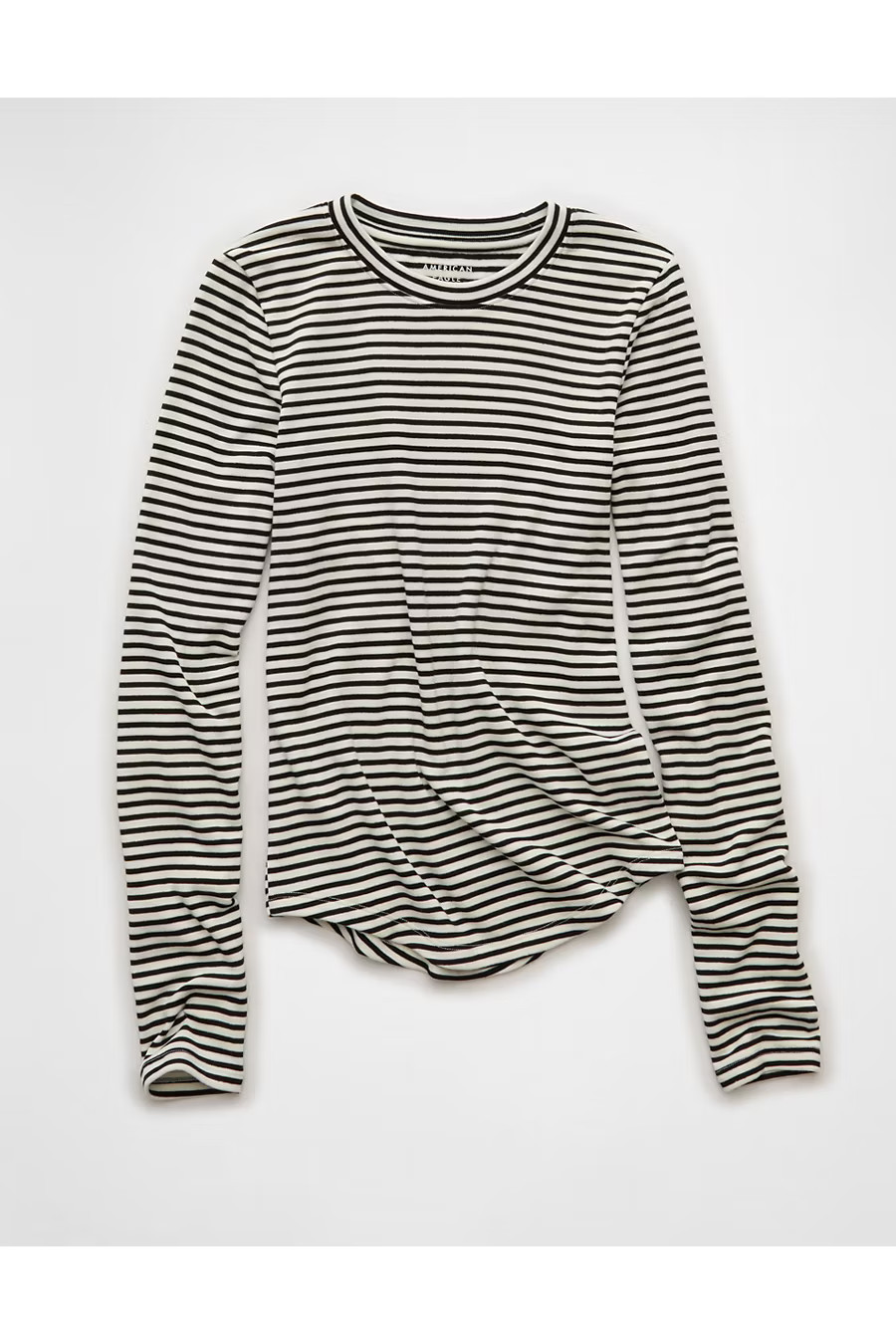 AE Long Sleeve Cozy Crew Neck T-Shirt Women's Black Stripe M | American Eagle Outfitters (US & CA)