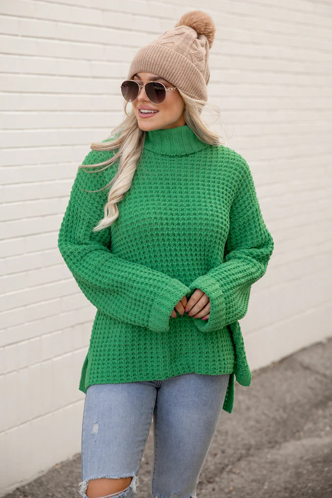 The Perfect Occasion Green Chenille Waffle Knit Turtleneck Sweater | Pink Lily