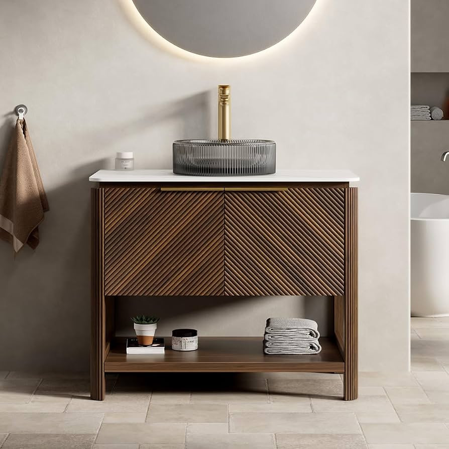 KEIKI 36 Inch Freestanding Bathroom Vanity with Sink, Modern Storage Cabinet with 2 Soft Close Doors & Open Shelf, Waterproof Wood Panels, Sintered Stone Top & Glass Basin Combo Set, Walnut | Amazon (US)