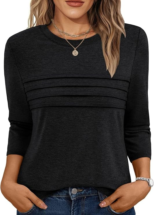 AUTOMET Women's 3/4 Length Sleeve Tops Crew Neck Casual Tunics Dressy Pleated T Shirts Summer Blo... | Amazon (US)