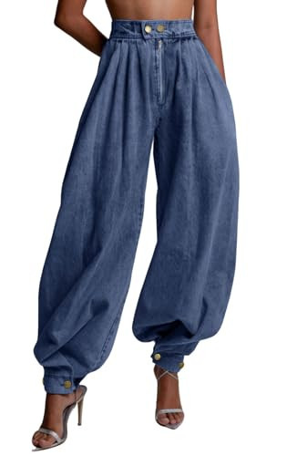 loveimgs Women Baggy Harem Jeans Joggers Denim Pants Wide Leg Jeans High Rise Sweatpants Tapered Leg Trousers (Medium,Dark Blue) | Amazon (US)