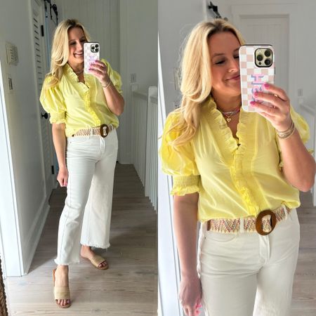 The perfect yellow spring top! Wearing a size small and the best staple white everyday jeans in a size 27  

#LTKstyletip #LTKfindsunder100 #LTKSeasonal