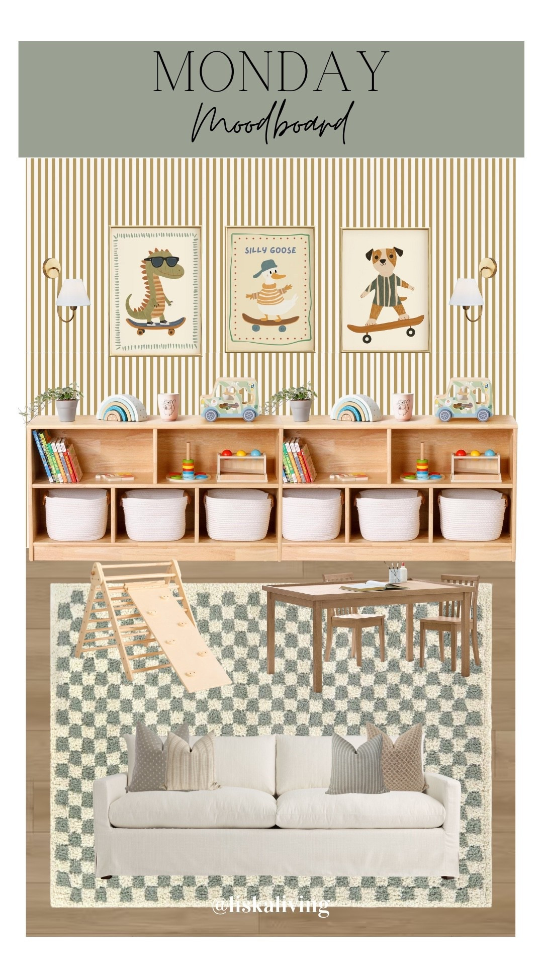 ✨MONDAY MOODBOARD - PLAYROOM✨

I love pattern play of the rug and the wallpaper! It keeps this room fun! And this artwork is just too cute! 

I think every playroom has 5 key factors: a comfy rug to play on, some kind of seating so parents can sip coffee or you can all snuggle up and read, a table for playing/coloring, some kind of fun playful features (artwork, rug, walllaper), and storage!

✨FOLLOW @liskaliving for more home styling inspo and curated moodboards like this one! Thanks for being here! 🤍

✨SAVE this post for later!

✨Comment MONDAY to shop this space! 
#mondaymoodboard #moodboardaccount #moodboardinterior #moodboardpage #moodboardinspiration #designboard #interiordesign #homestyling #homestylinginspo #playroom #playroominspo 

#LTKStyleTip #LTKHome #LTKKids