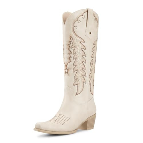wetkiss Cowboy Boots Women Knee High Cowgirl Boot, Beige Size10 | Amazon (US)