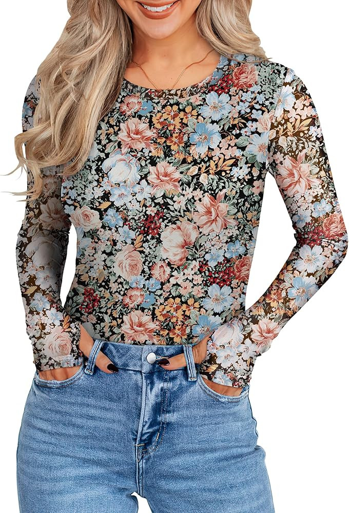 Prinbara Womens Mesh Long Sleeve Going Out Tops with Thumb Holes 2025 Fall Fashion Double Lined F... | Amazon (US)