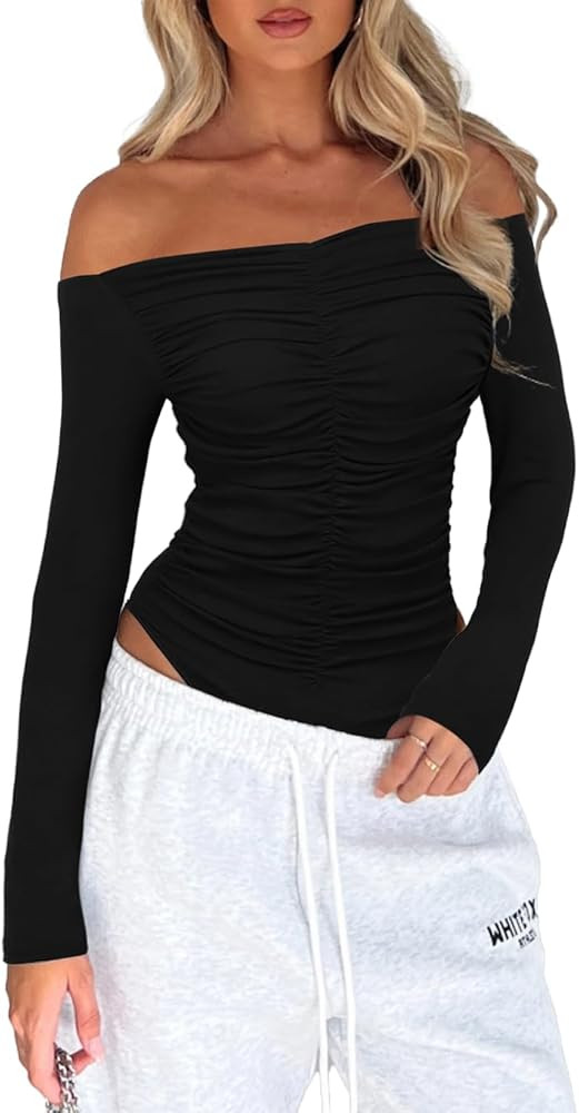 Darong Women's Off The Shoulder Long Sleeve Bodysuit Boat Neck Ruched Bust Bodysuits Tops Shirts | Amazon (US)