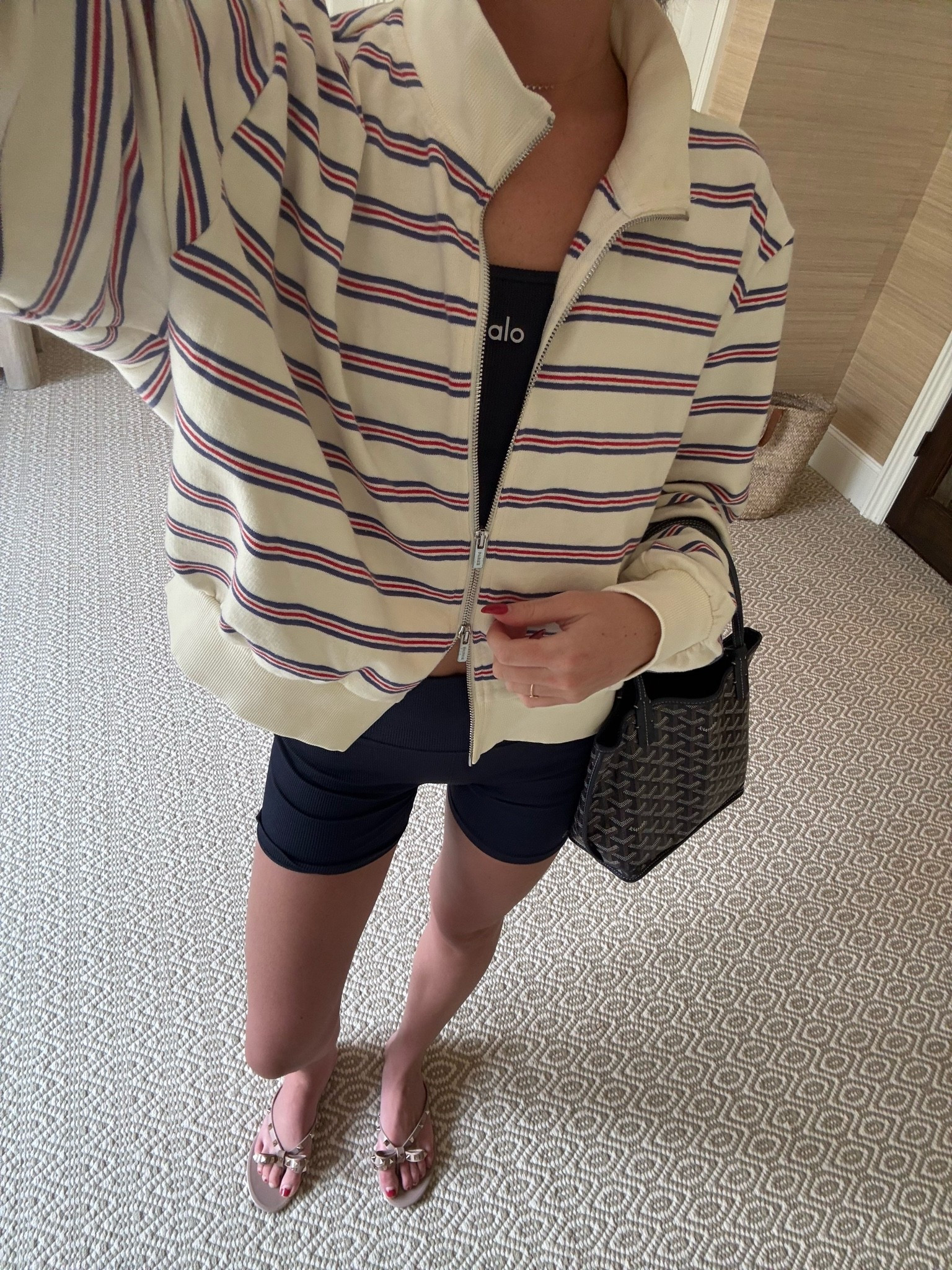 Navy alo tank top and navy biker shorts workout set. Ivory zip up with red and navy stripes. Parke sweatshirt and alo yoga set. Pilates outfit. Outfit inspo. Summer outfit.

#LTKootd #LTKActive
