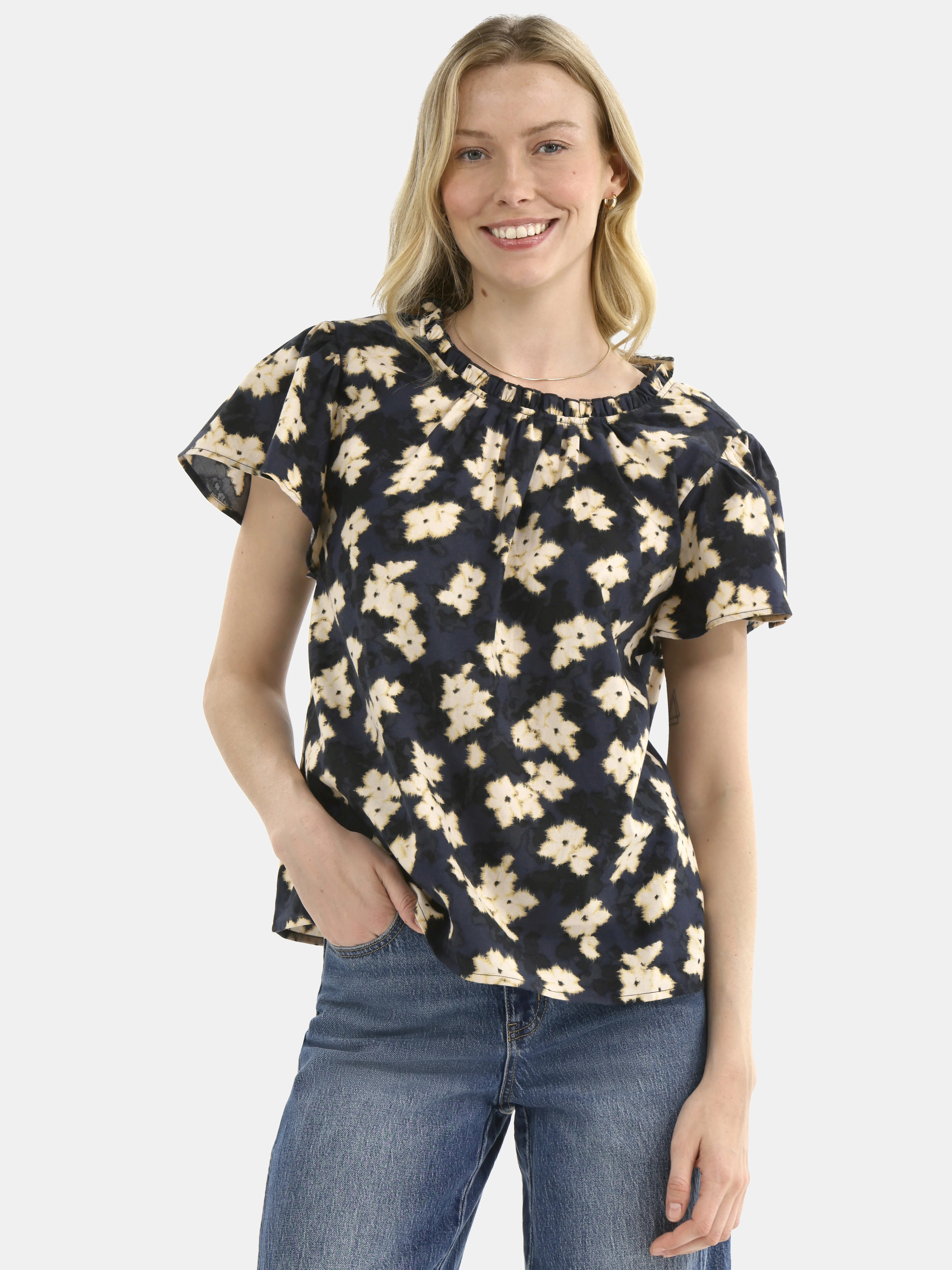 Time and Tru Women's Cotton Ruffle Neck Blouse with Flutter Sleeves, Sizes XS-XXXL | Walmart (US)