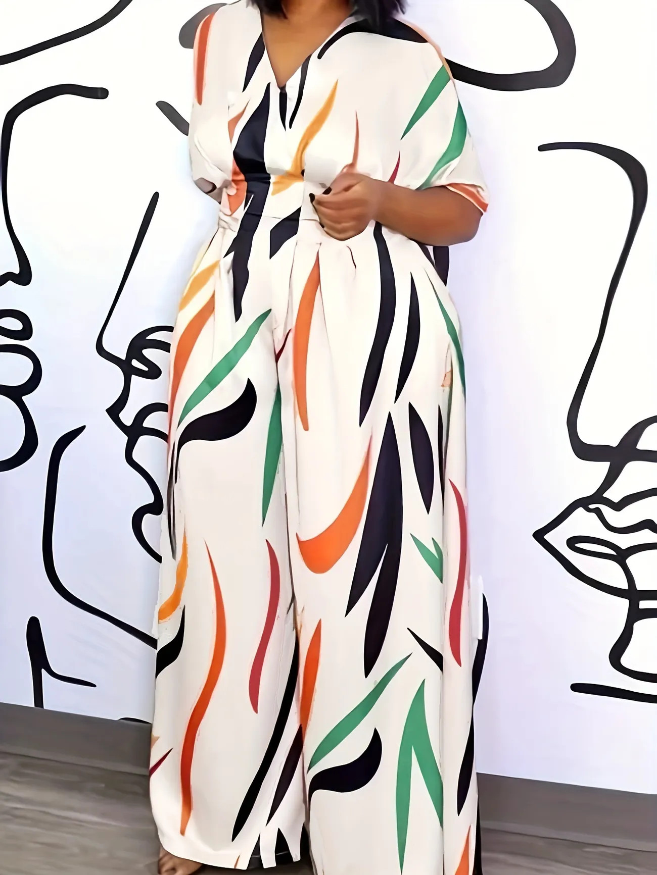 Abstract Print Jumpsuit, Casual V Neck Short Sleeve Wide Leg Jumpsuit, Women's Clothing | Temu Affiliate Program