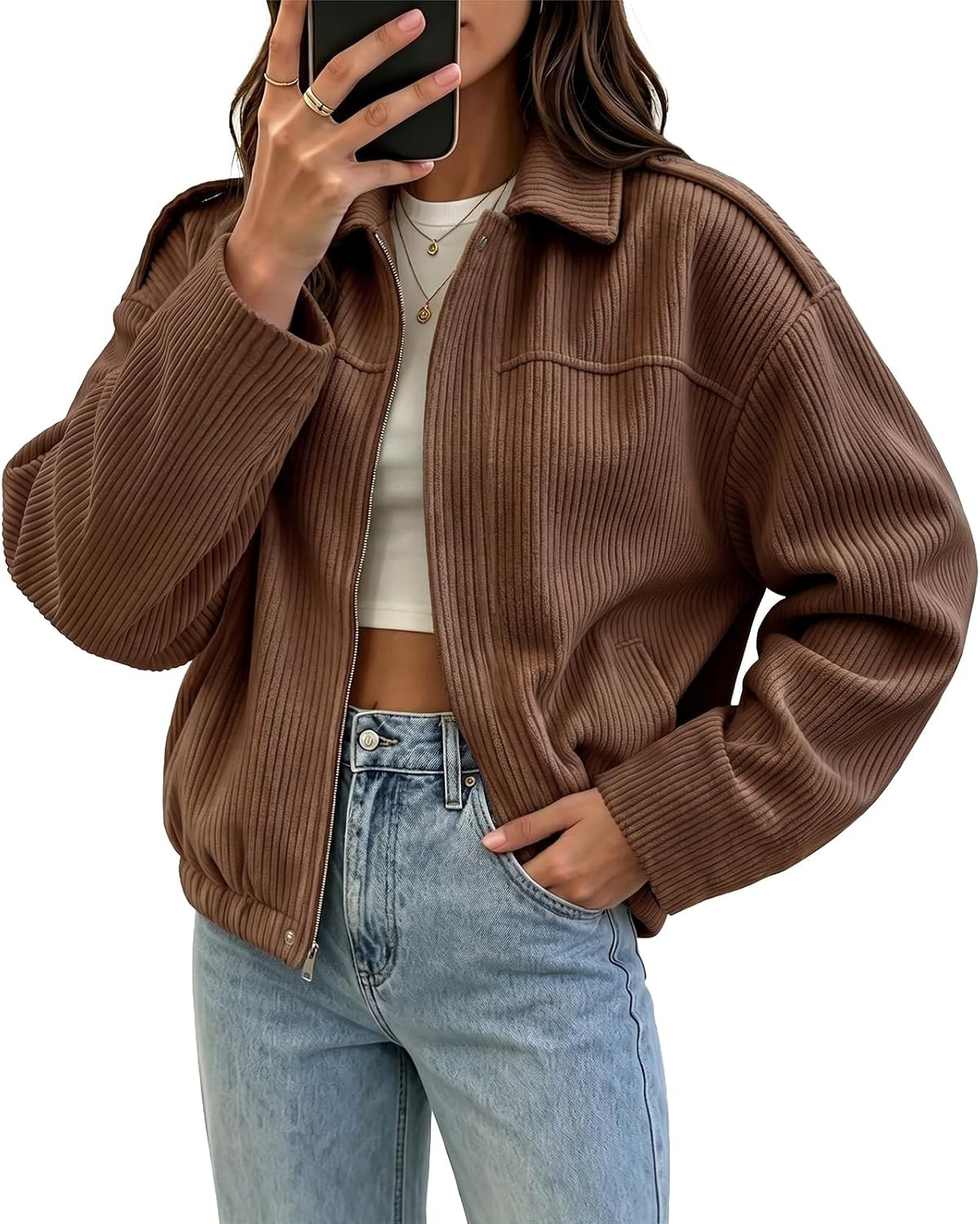Fisoew Womens Cropped Corduroy Shackets Casual Zip Up Stand Collar Long Sleeve Fall Oversized Short Jackets | Amazon (US)