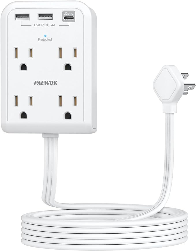 Flat Plug Power Strip with USB C Ports, Surge Protector, White | Amazon (US)