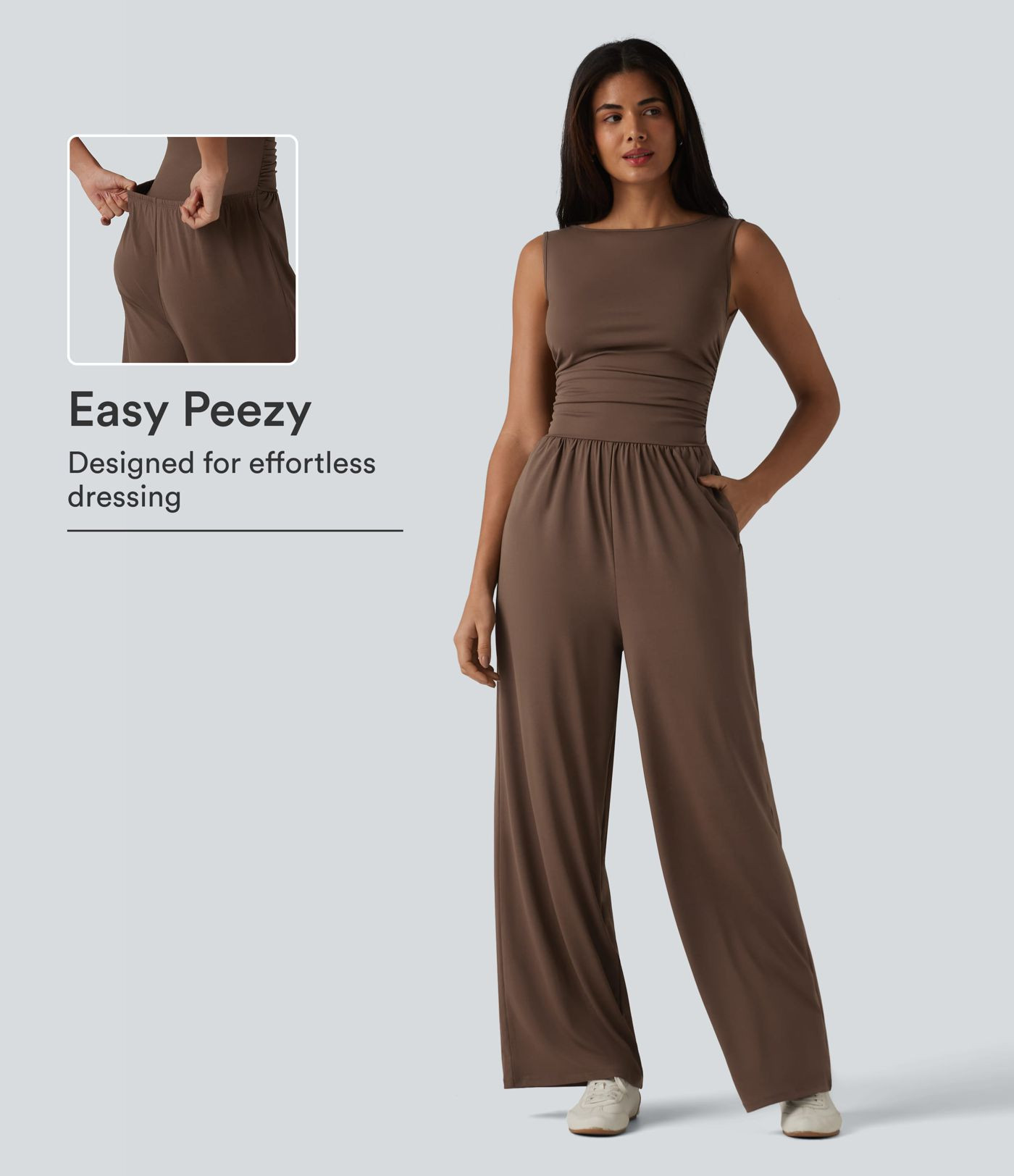 Boat Neck Sleeveless Ruched Wide Leg Casual Jumpsuit with Pockets-Easy Peezy Edition | HALARA