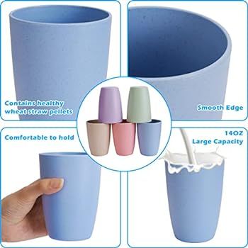 Sturdy Wheat Straw Cups, 5 Colorful Wheat Straw Plastic Cups (14 Oz), Reusable Juice Tumblers, Di... | Amazon (US)
