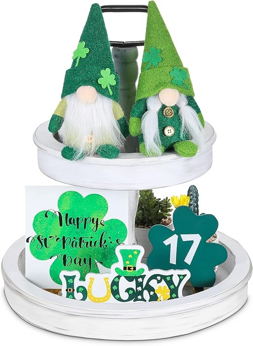 Chivao 5 Pieces St Patrick's Day Tiered Tray Decor Set Including 2 Gnomes Plush Dolls and 3 Farmh... | Amazon (US)