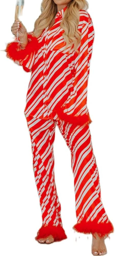 Muineobuka Women Christmas Silk Feather Trim Pajamas Striped Button Down Shirt Pants Pjs Set Xmas... | Amazon (US)